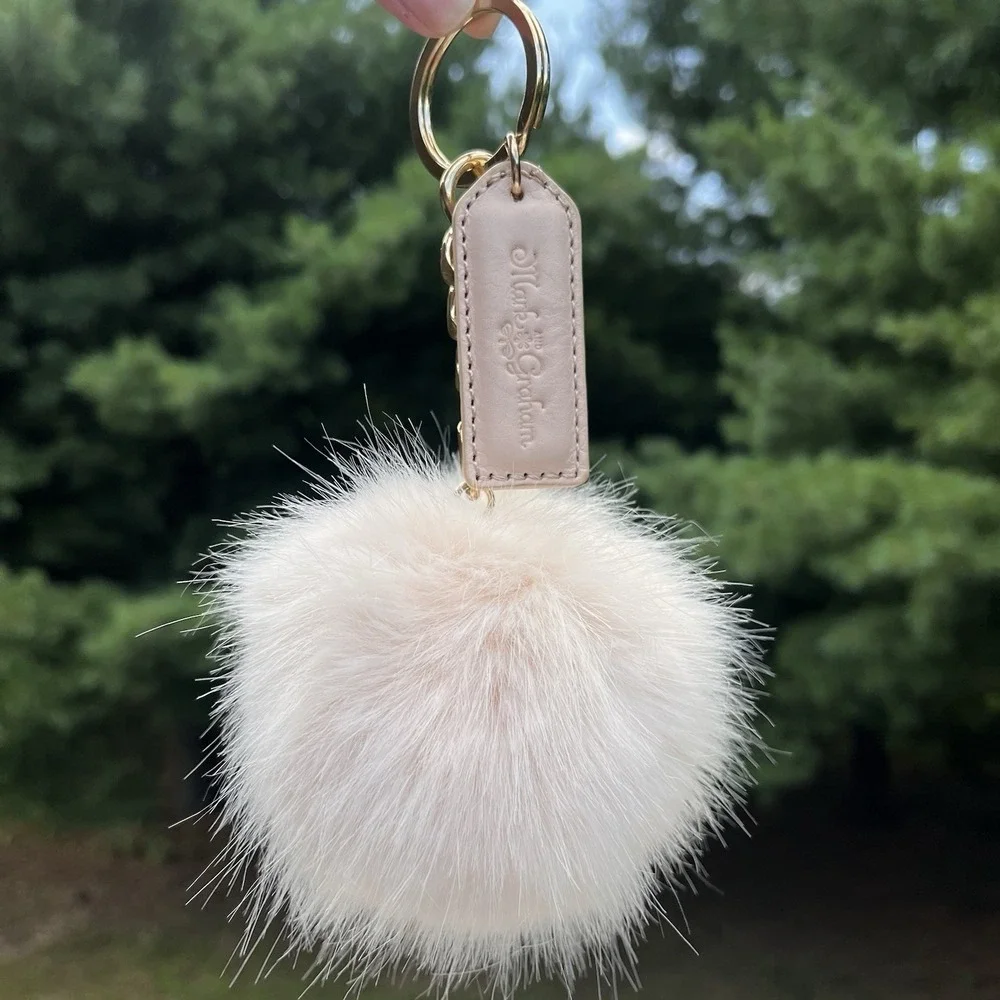 Mark & Graham Pom Pom Keychain Bag Charm Removeable Monogram Ivory Gold Hardware